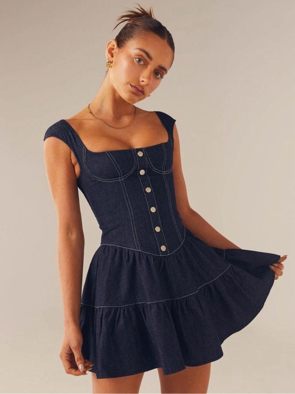 Peppermayo Dark Indigo Denim Corset Tiered Mini Dress size Medium
